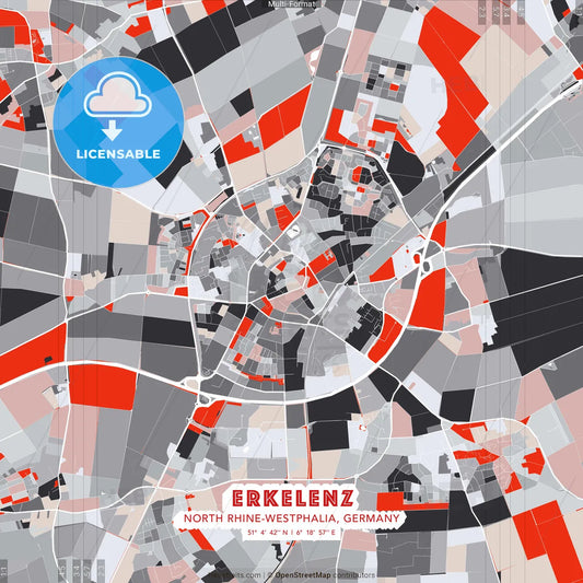 Erkelenz, North Rhine-Westphalia, Germany - modern street map poster template with gray and red tones