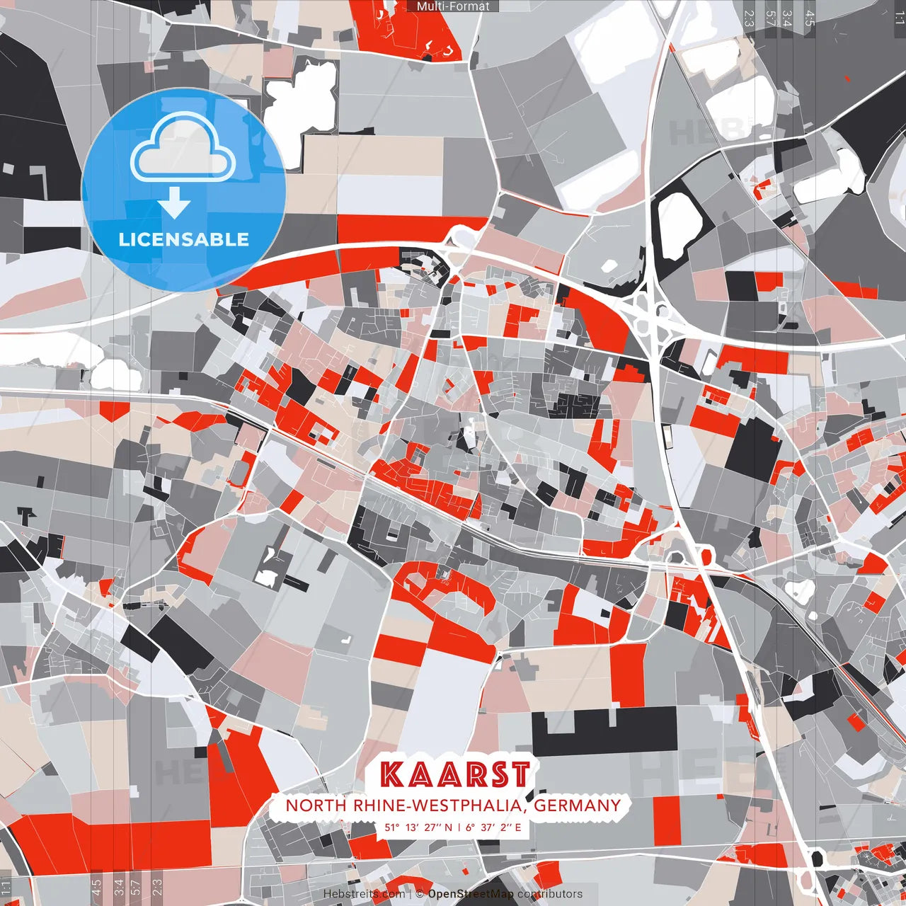 Kaarst, North Rhine-Westphalia, Germany - modern street map poster template with gray and red tones