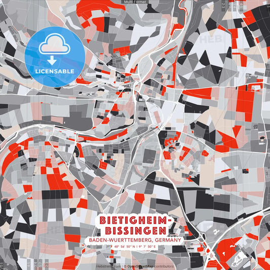 Bietigheim-Bissingen, Baden-Wuerttemberg, Germany - modern street map poster template with gray and red tones