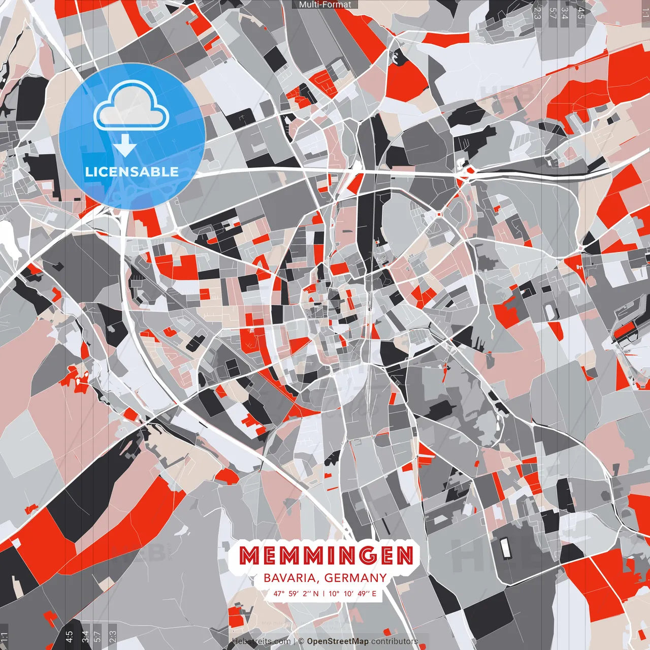Memmingen, Bavaria, Germany - modern street map poster template with gray and red tones