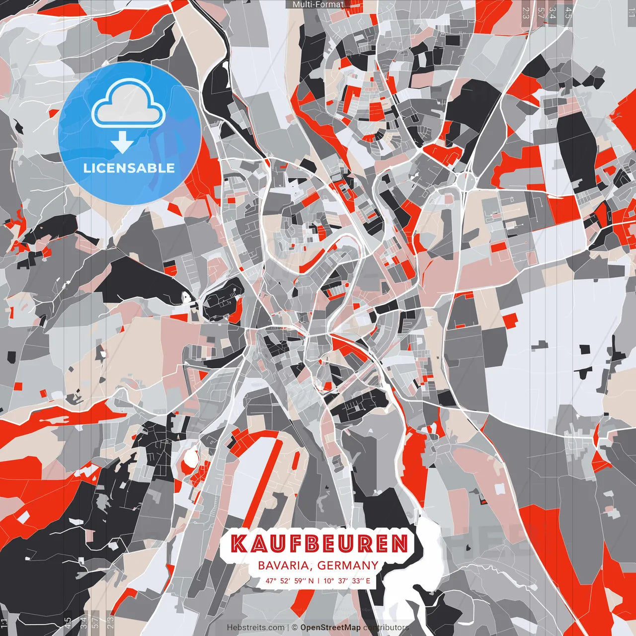 Kaufbeuren, Bavaria, Germany - modern street map poster template with gray and red tones