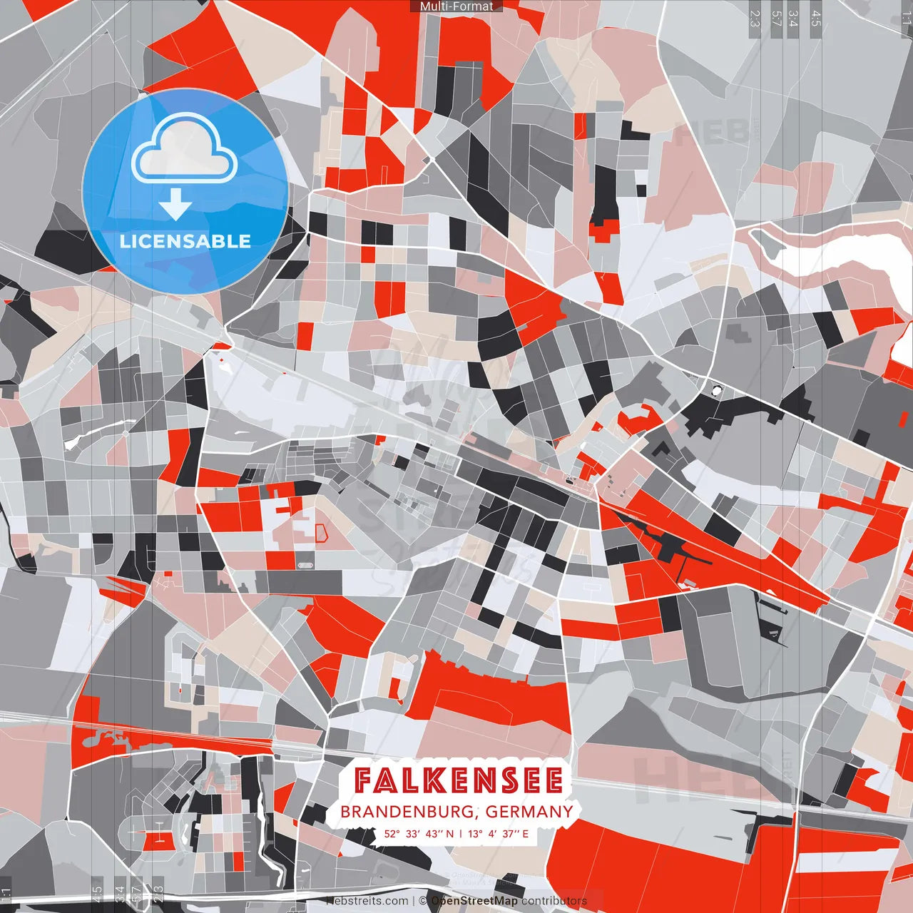 Falkensee, Brandenburg, Germany - modern street map poster template with gray and red tones