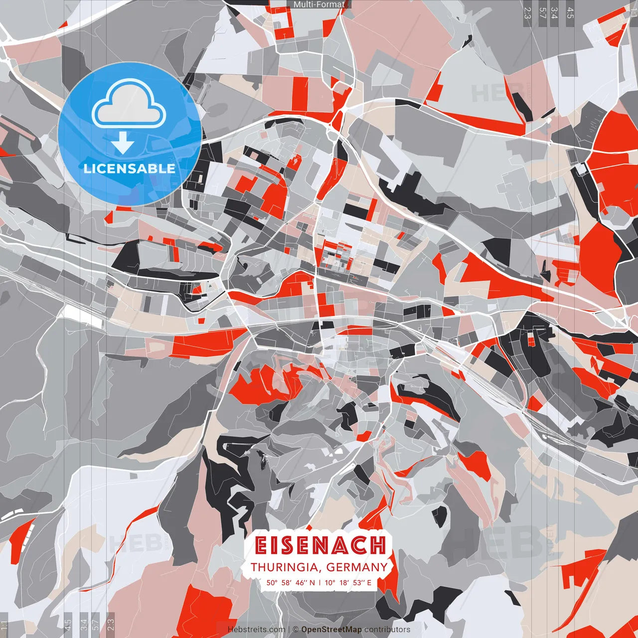 Eisenach, Thuringia, Germany - modern street map poster template with gray and red tones