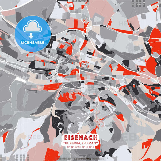 Eisenach, Thuringia, Germany - modern street map poster template with gray and red tones