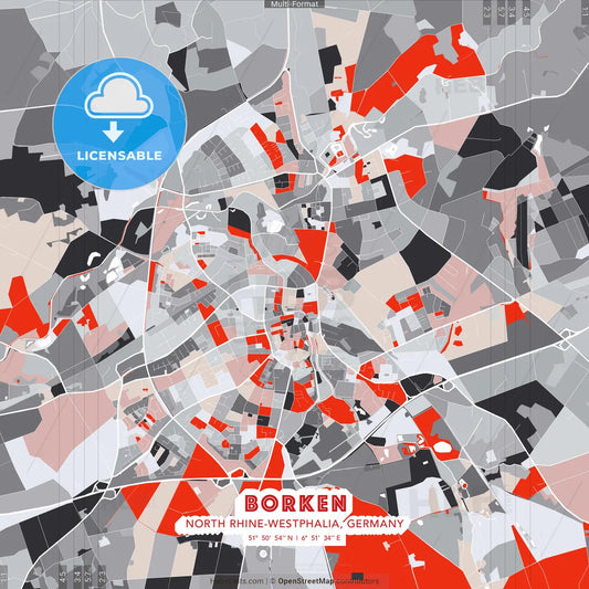 Borken, North Rhine-Westphalia, Germany - modern street map poster template with gray and red tones