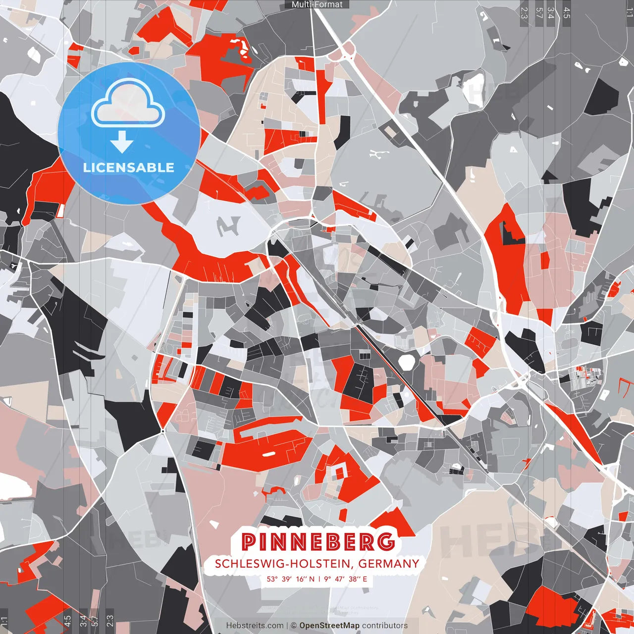 Pinneberg, Schleswig-Holstein, Germany - modern street map poster template with gray and red tones
