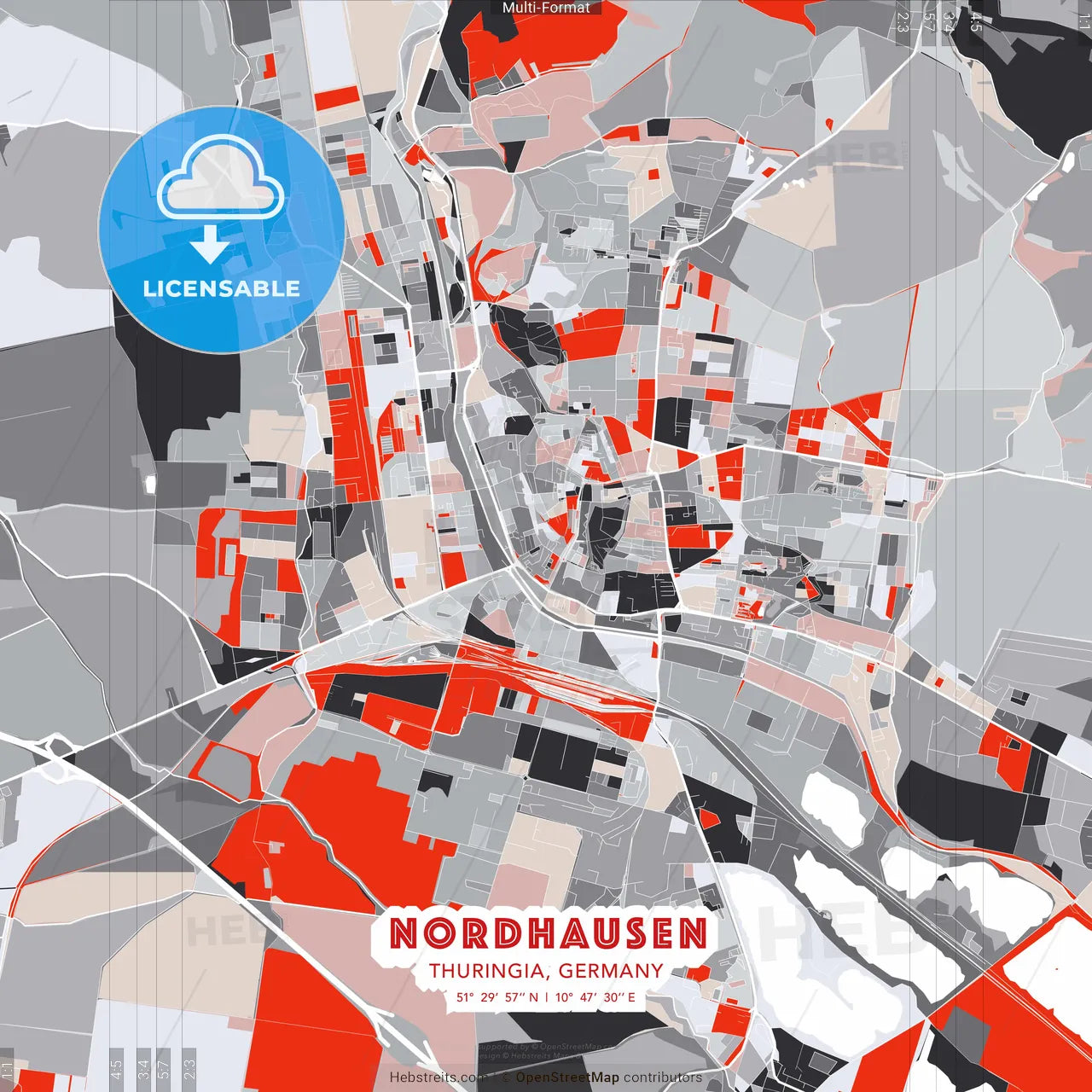 Nordhausen, Thuringia, Germany - modern street map poster template with gray and red tones