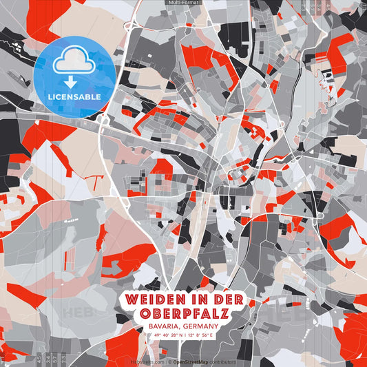 Weiden in der Oberpfalz, Bavaria, Germany - modern street map poster template with gray and red tones
