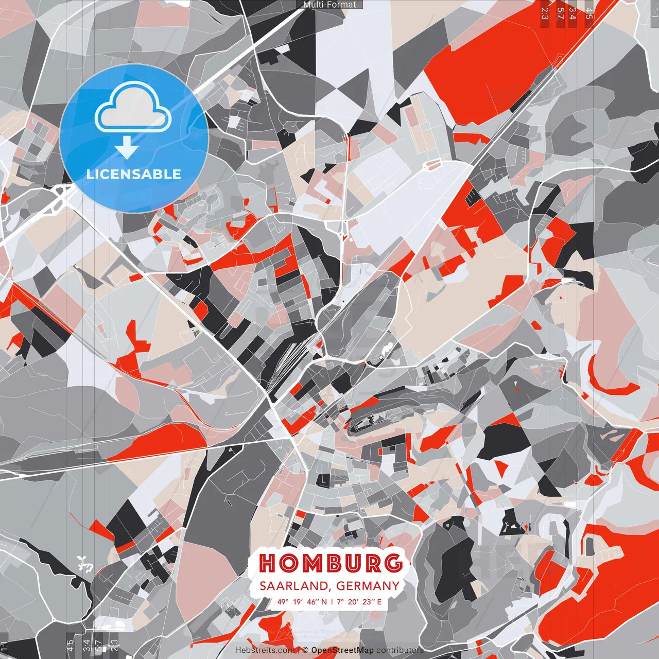 Homburg, Saarland, Germany - modern street map poster template with gray and red tones