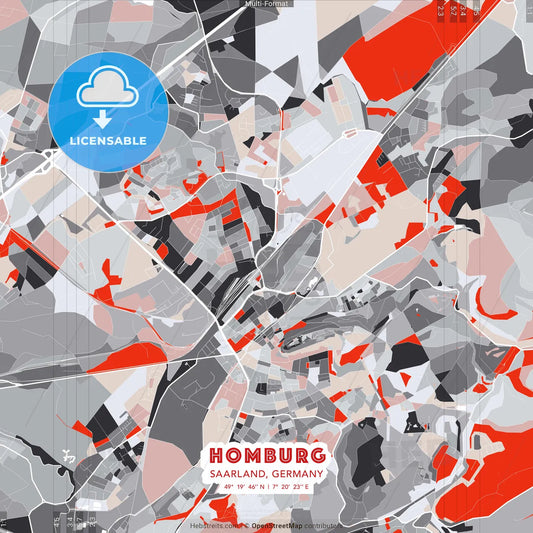 Homburg, Saarland, Germany - modern street map poster template with gray and red tones