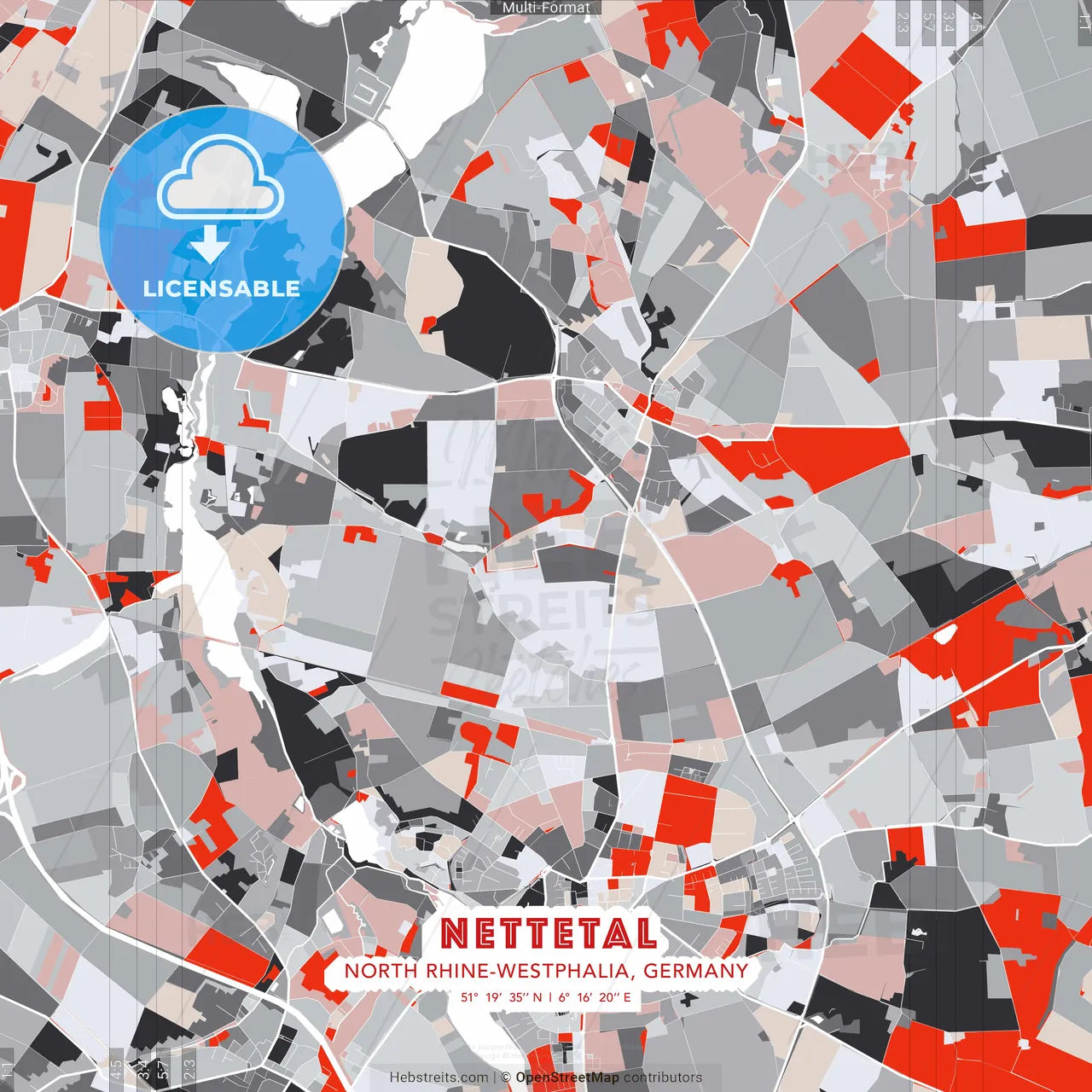 Nettetal, North Rhine-Westphalia, Germany - modern street map poster template with gray and red tones