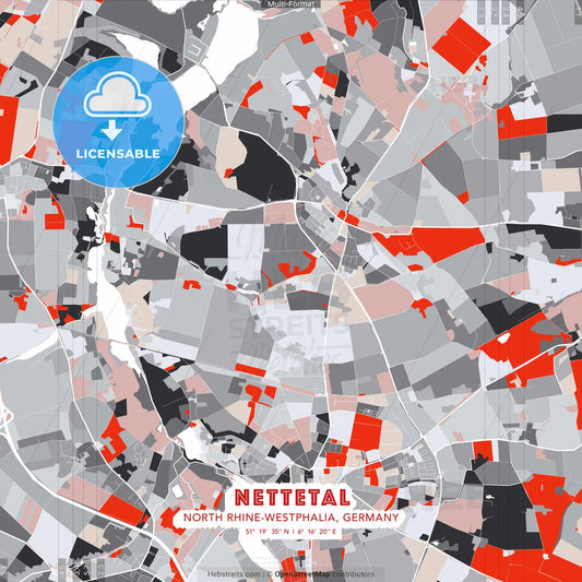 Nettetal, North Rhine-Westphalia, Germany - modern street map poster template with gray and red tones