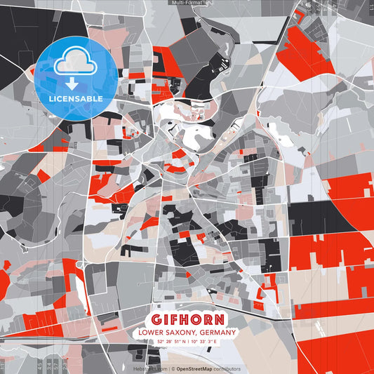 Gifhorn, Lower Saxony, Germany - modern street map poster template with gray and red tones