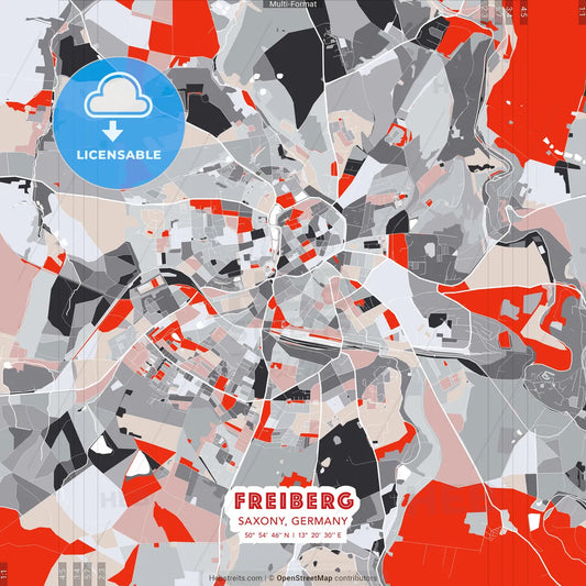 Freiberg, Saxony, Germany - modern street map poster template with gray and red tones