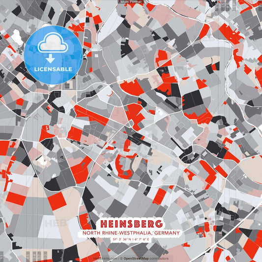 Heinsberg, North Rhine-Westphalia, Germany - modern street map poster template with gray and red tones