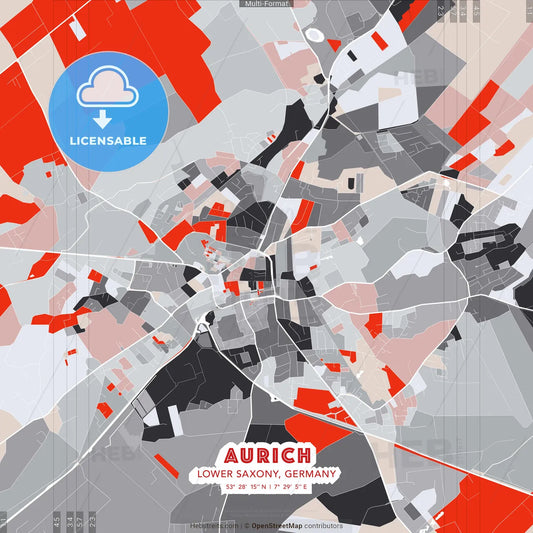 Aurich, Lower Saxony, Germany - modern street map poster template with gray and red tones