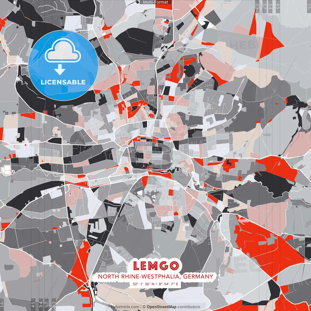 Lemgo, North Rhine-Westphalia, Germany - modern street map poster template with gray and red tones