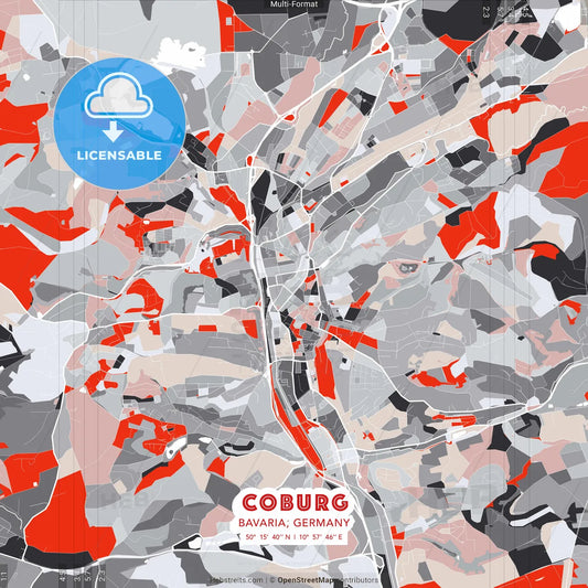 Coburg, Bavaria, Germany - modern street map poster template with gray and red tones