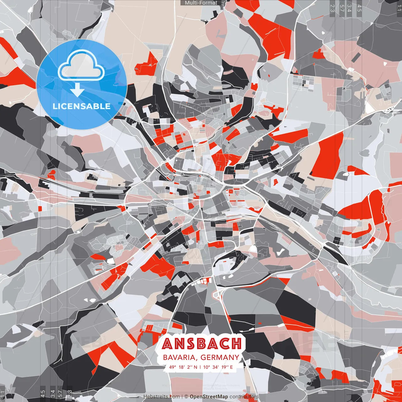 Ansbach, Bavaria, Germany - modern street map poster template with gray and red tones