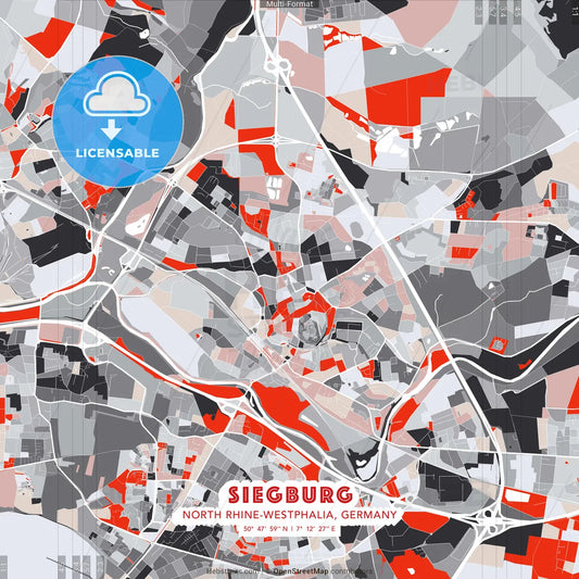 Siegburg, North Rhine-Westphalia, Germany - modern street map poster template with gray and red tones