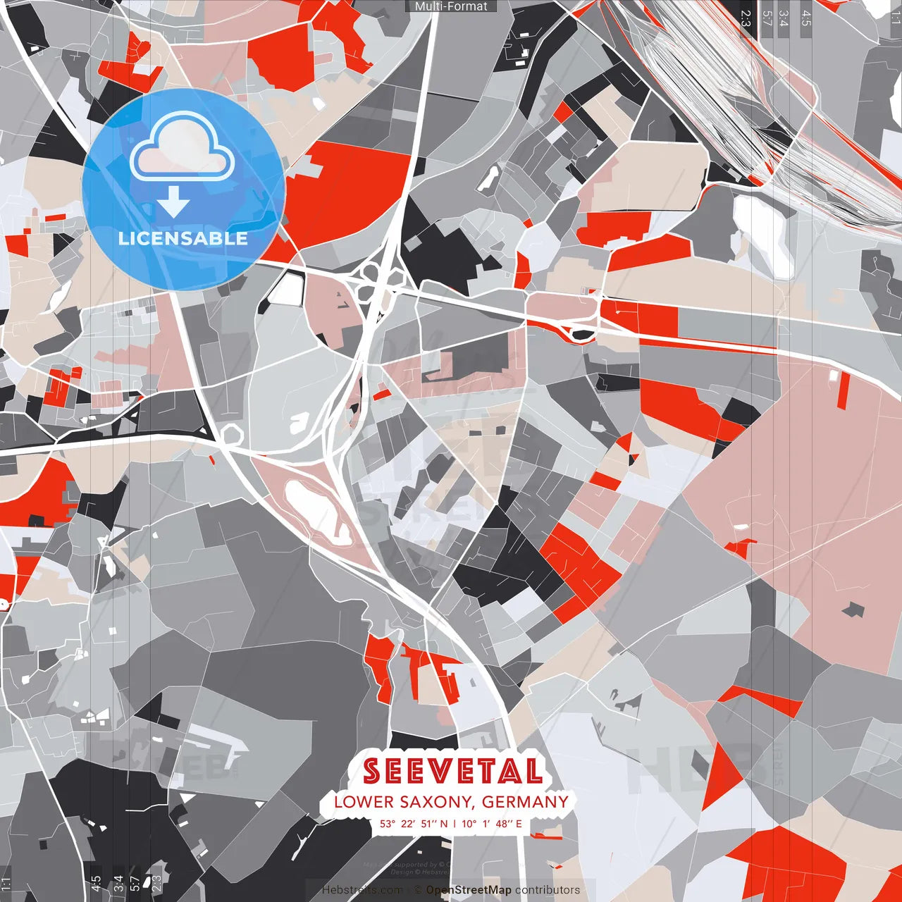 Seevetal, Lower Saxony, Germany - modern street map poster template with gray and red tones
