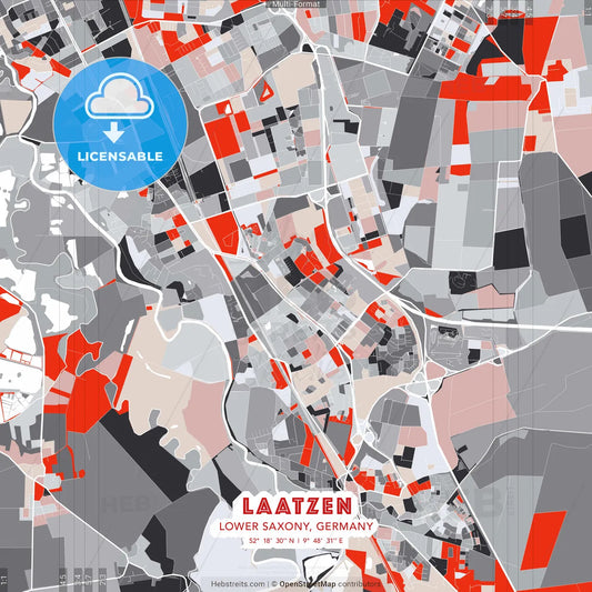 Laatzen, Lower Saxony, Germany - modern street map poster template with gray and red tones