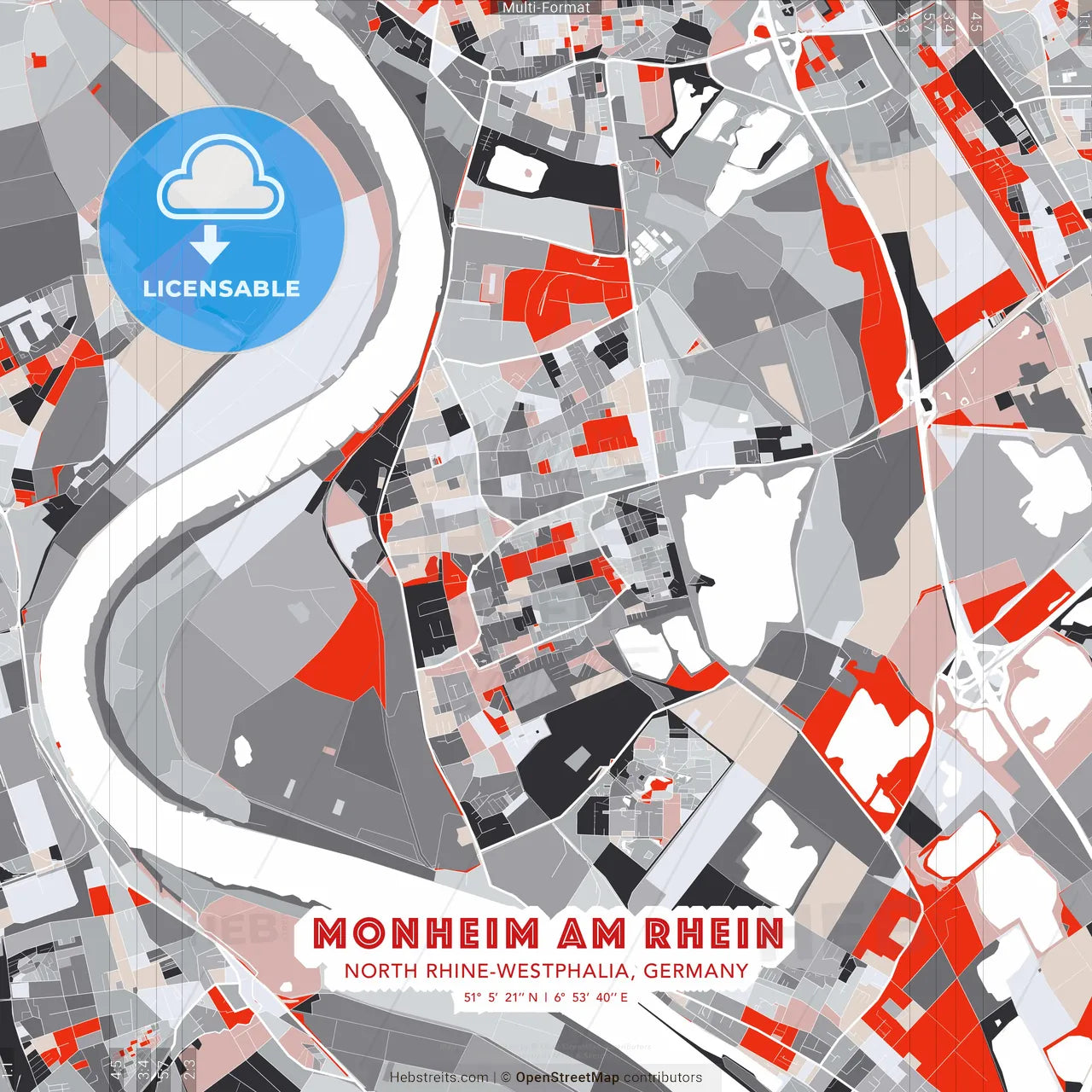 Monheim am Rhein, North Rhine-Westphalia, Germany - modern street map poster template with gray and red tones