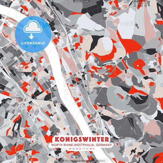 Konigswinter, North Rhine-Westphalia, Germany - modern street map poster template with gray and red tones