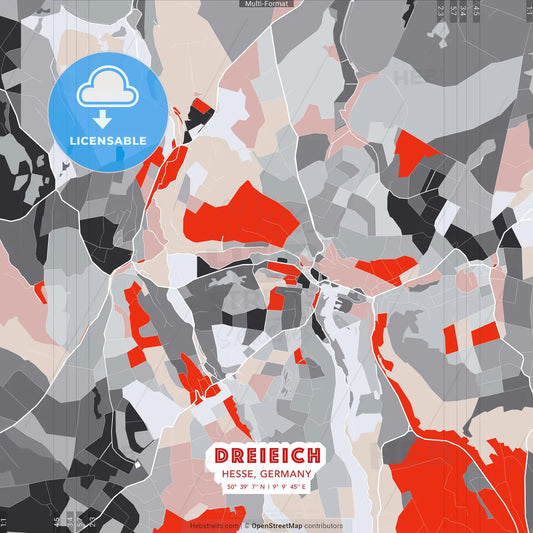Dreieich, Hesse, Germany - modern street map poster template with gray and red tones