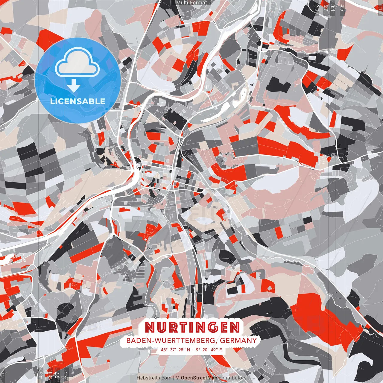 Nurtingen, Baden-Wuerttemberg, Germany - modern street map poster template with gray and red tones