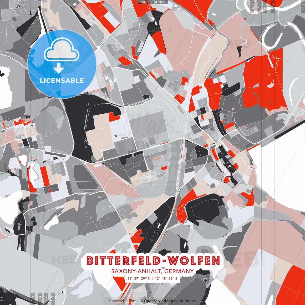 Bitterfeld-Wolfen, Saxony-Anhalt, Germany - modern street map poster template with gray and red tones