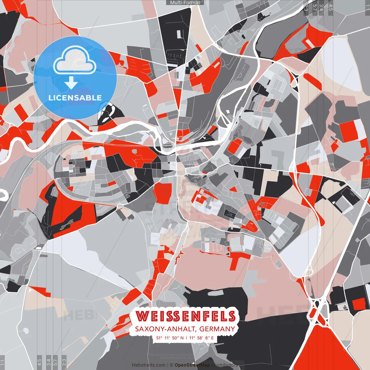 Weißenfels, Saxony-Anhalt, Germany - modern street map poster template with gray and red tones