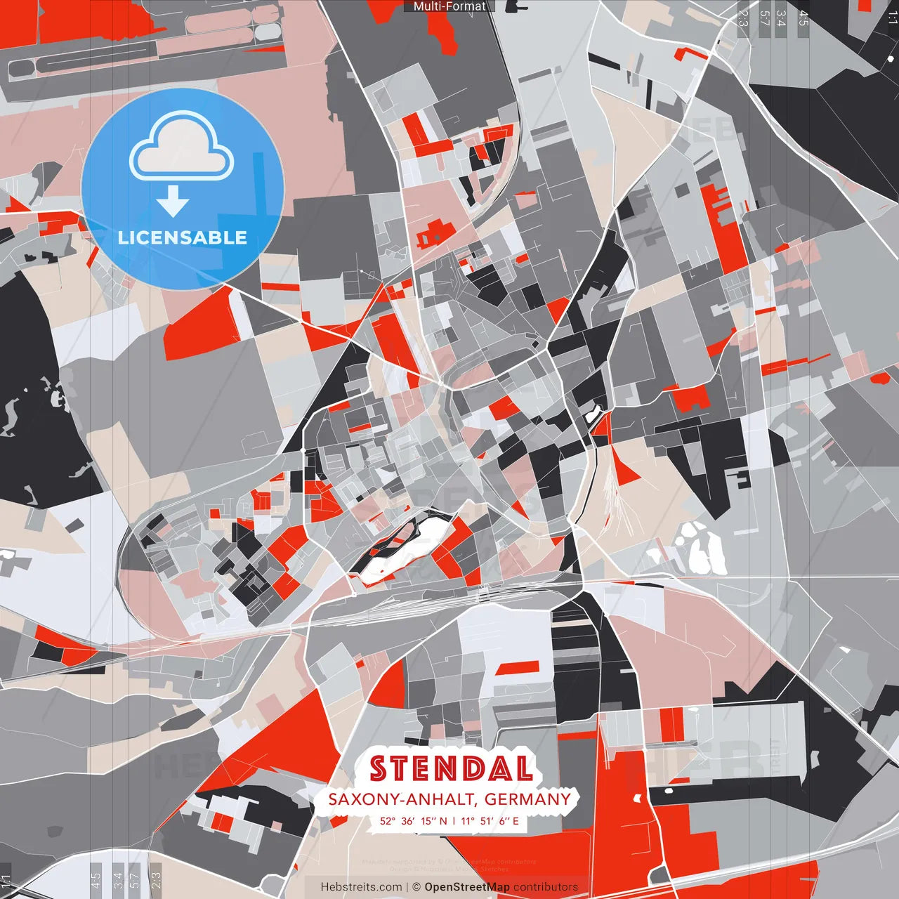 Stendal, Saxony-Anhalt, Germany - modern street map poster template with gray and red tones