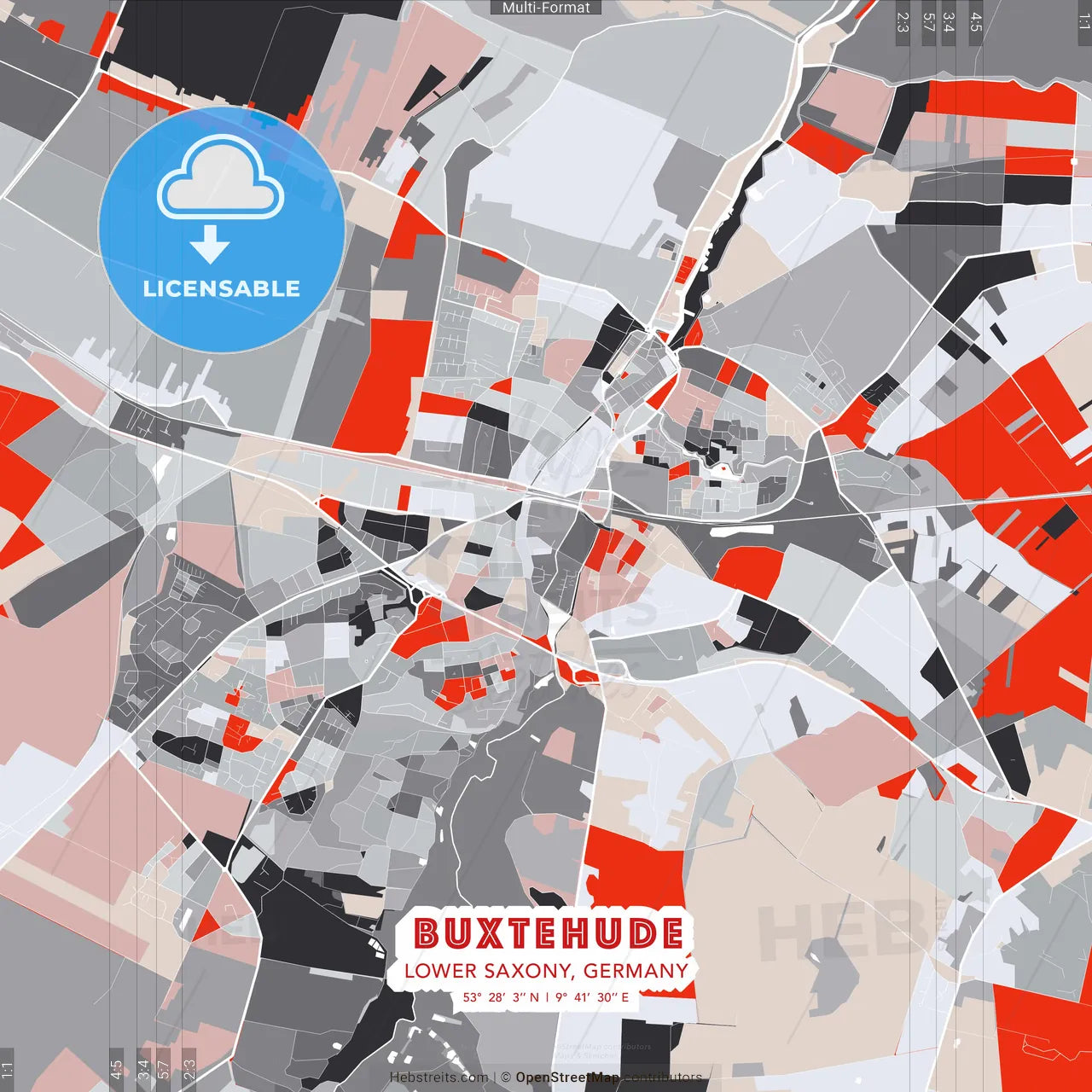 Buxtehude, Lower Saxony, Germany - modern street map poster template with gray and red tones