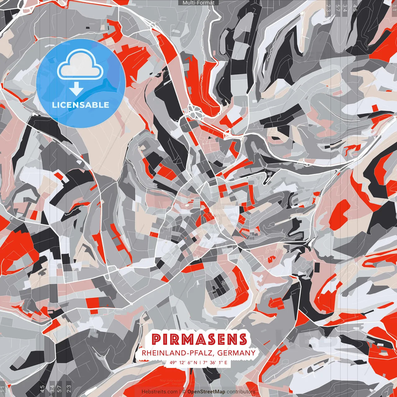 Pirmasens, Rheinland-Pfalz, Germany - modern street map poster template with gray and red tones