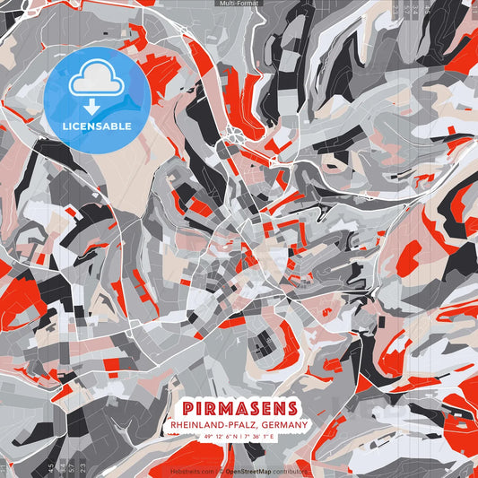 Pirmasens, Rheinland-Pfalz, Germany - modern street map poster template with gray and red tones