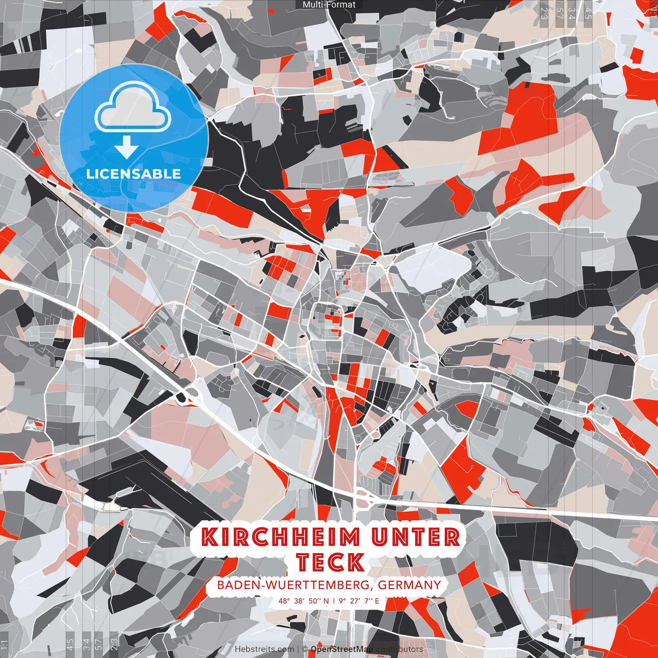 Kirchheim unter Teck, Baden-Wuerttemberg, Germany - modern street map poster template with gray and red tones