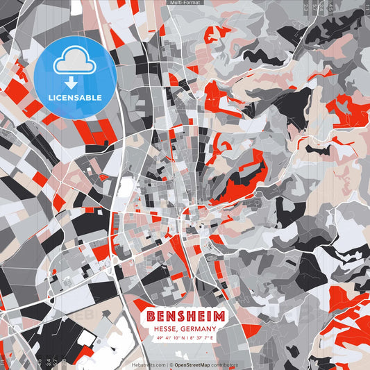 Bensheim, Hesse, Germany - modern street map poster template with gray and red tones
