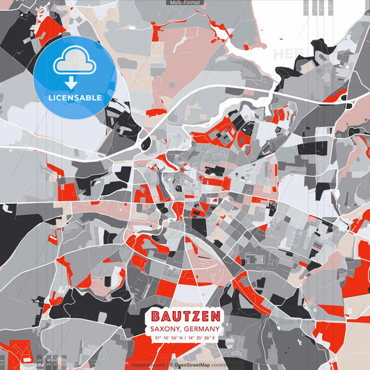 Bautzen, Saxony, Germany - modern street map poster template with gray and red tones