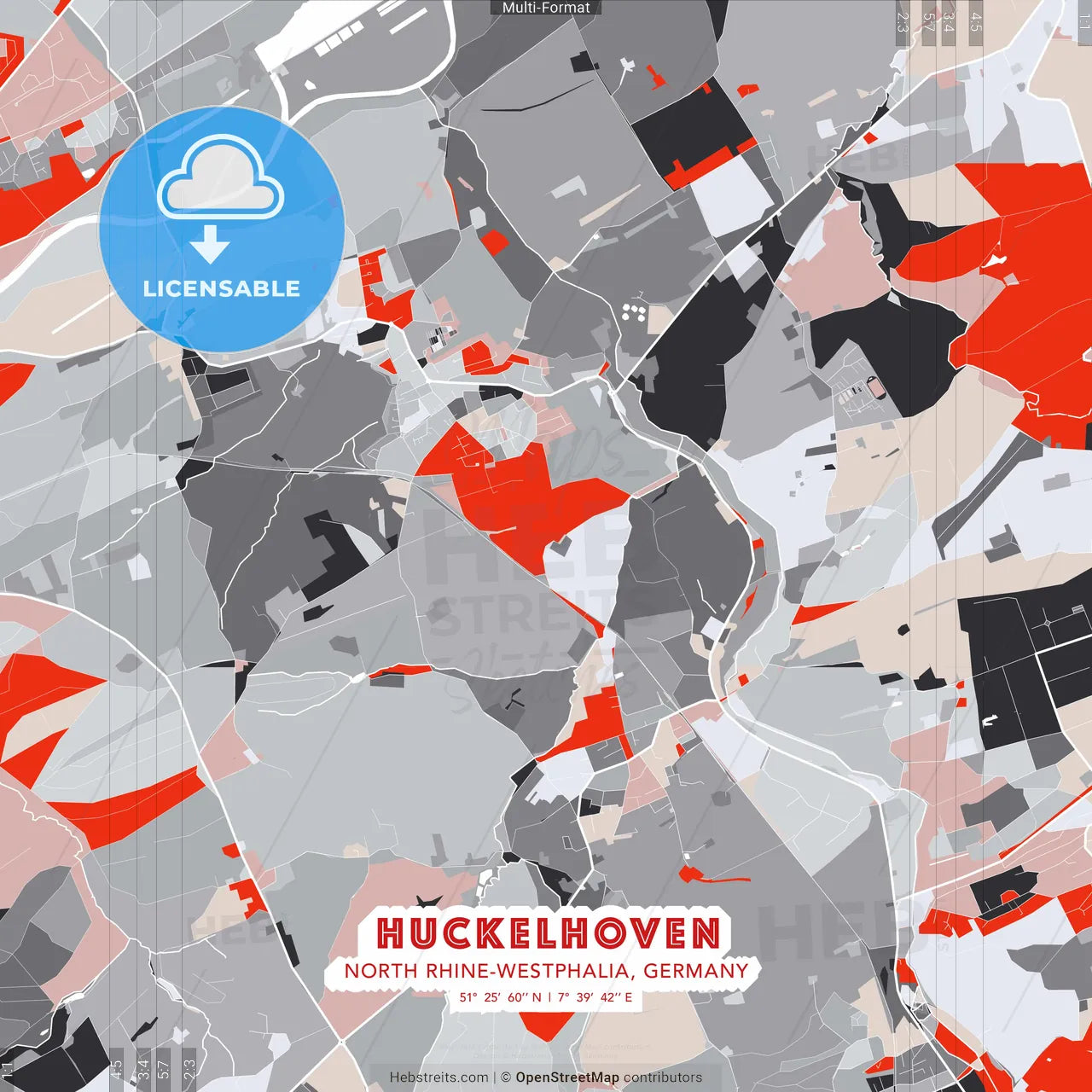 Huckelhoven, North Rhine-Westphalia, Germany - modern street map poster template with gray and red tones