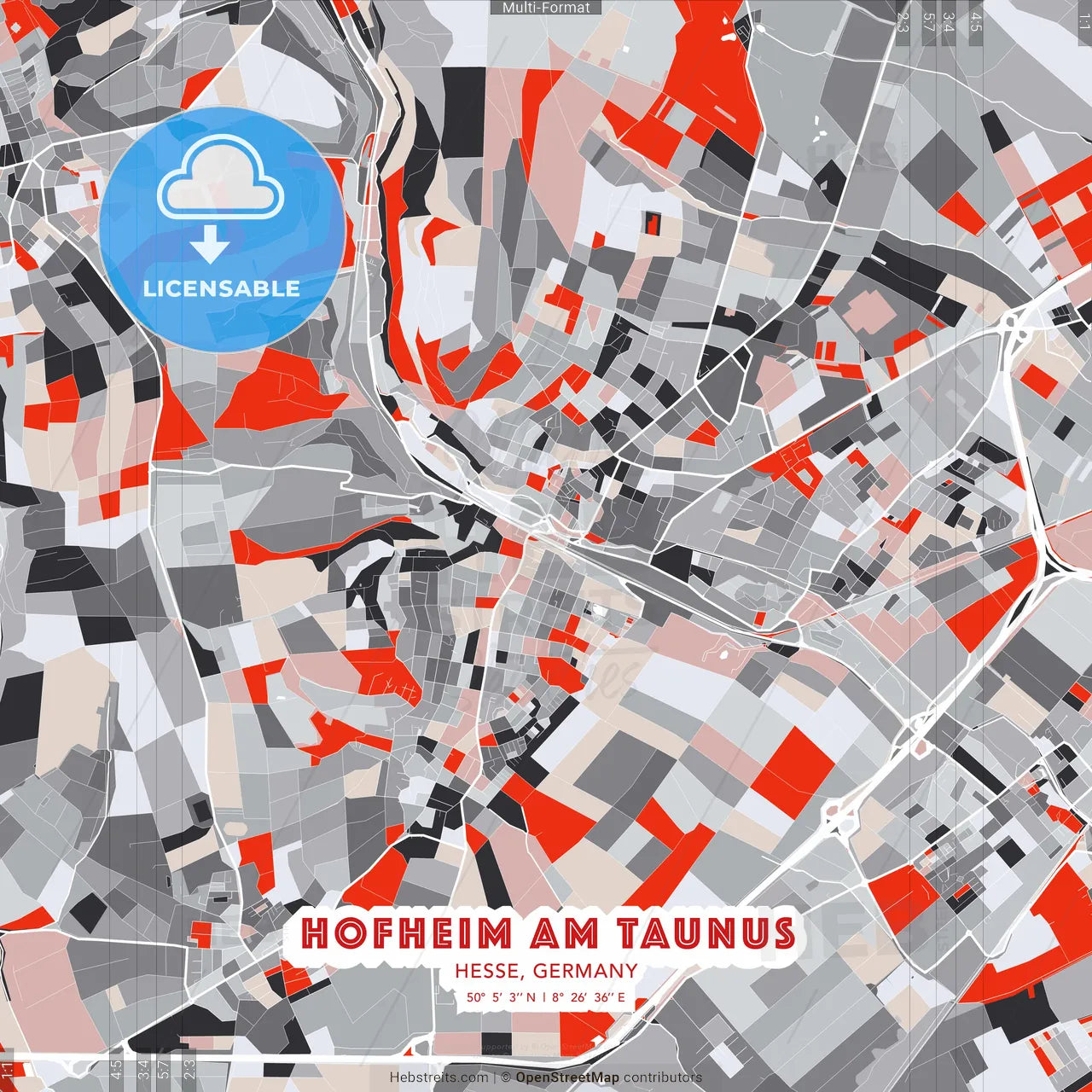 Hofheim am Taunus, Hesse, Germany - modern street map poster template with gray and red tones