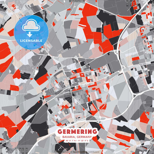 Germering, Bavaria, Germany - modern street map poster template with gray and red tones