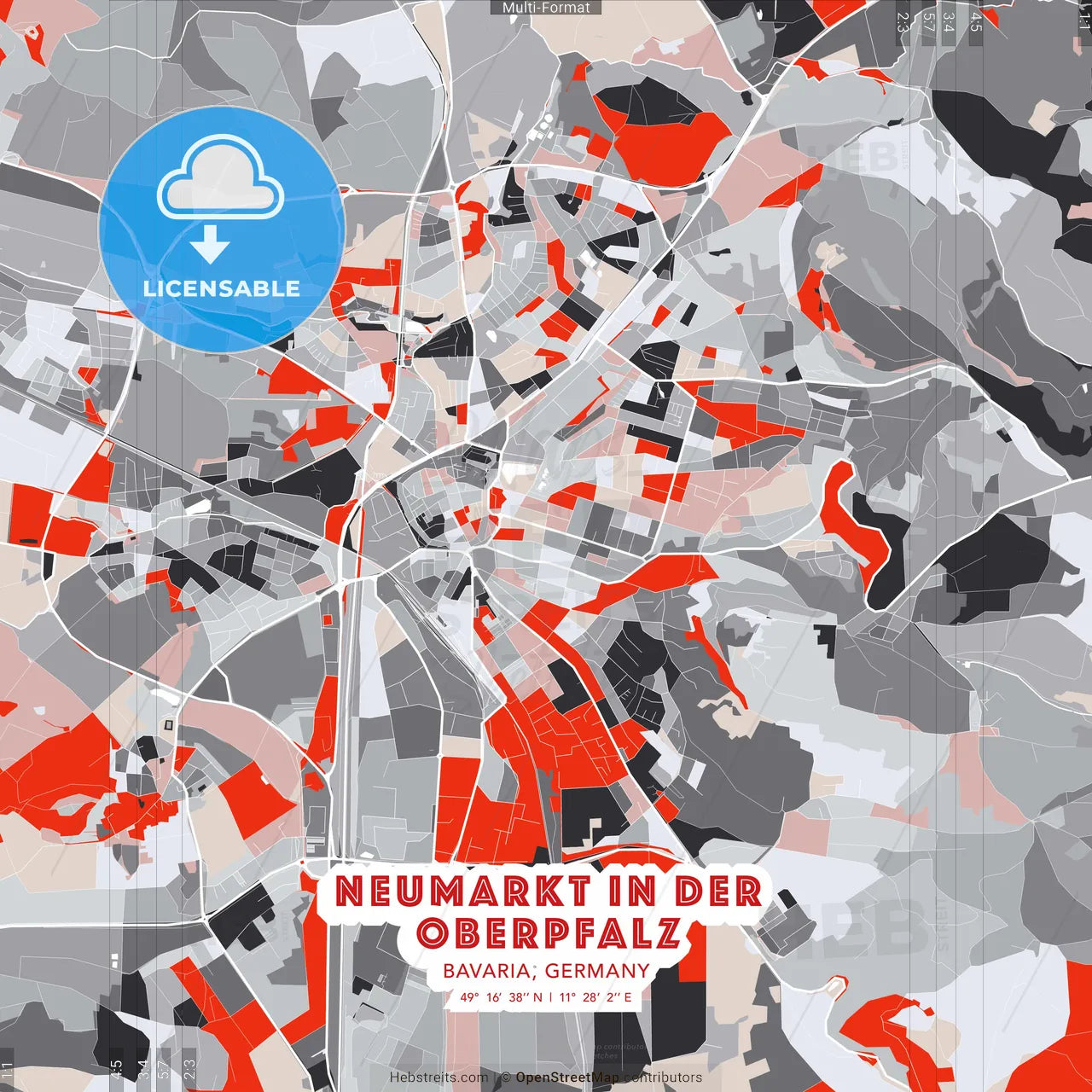 Neumarkt in der Oberpfalz, Bavaria, Germany - modern street map poster template with gray and red tones