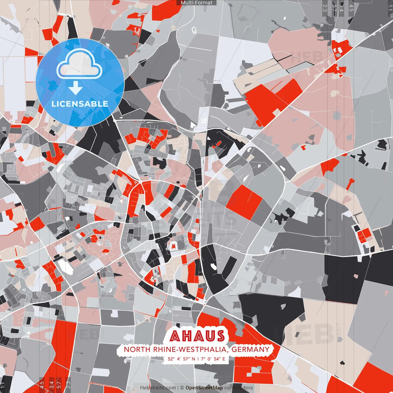 Ahaus, North Rhine-Westphalia, Germany - modern street map poster template with gray and red tones