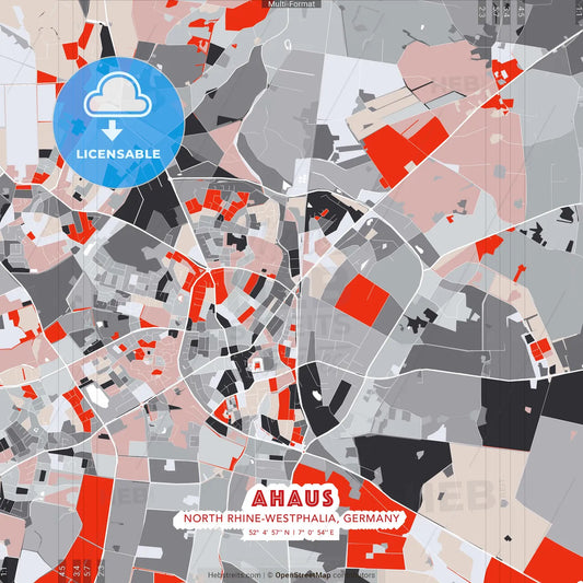 Ahaus, North Rhine-Westphalia, Germany - modern street map poster template with gray and red tones