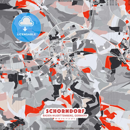 Schorndorf, Baden-Wuerttemberg, Germany - modern street map poster template with gray and red tones