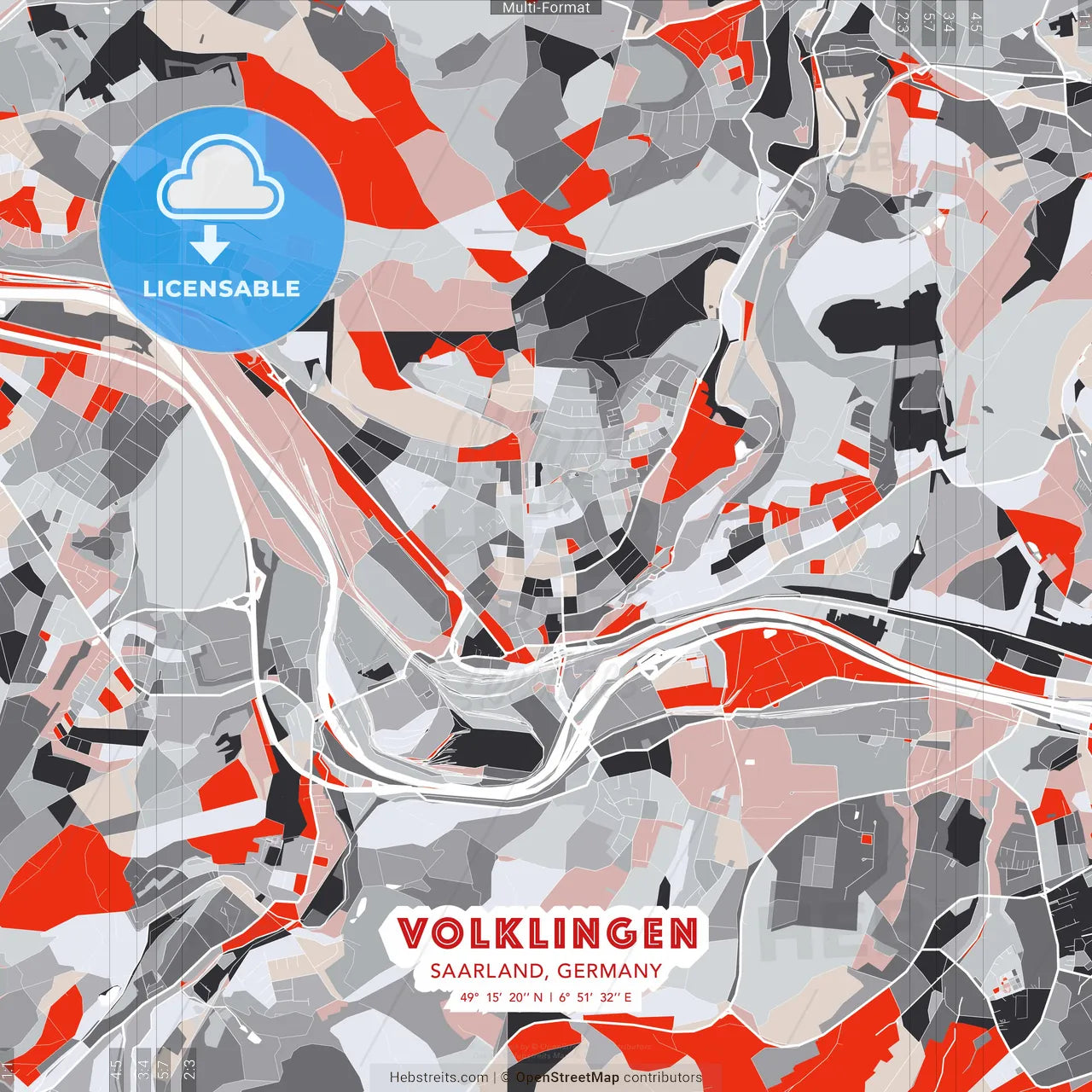 Volklingen, Saarland, Germany - modern street map poster template with gray and red tones