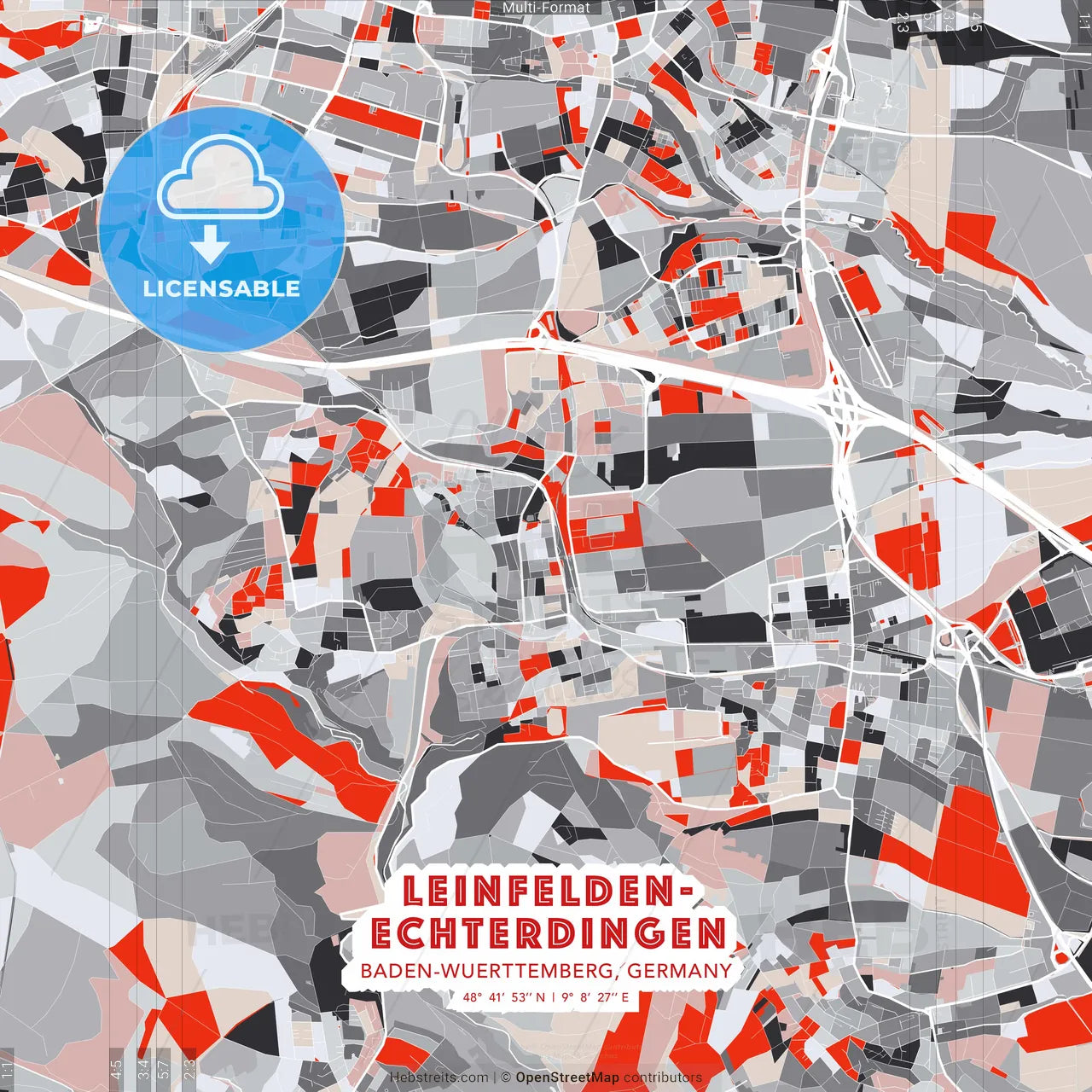 Leinfelden-Echterdingen, Baden-Wuerttemberg, Germany - modern street map poster template with gray and red tones