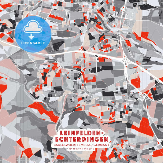 Leinfelden-Echterdingen, Baden-Wuerttemberg, Germany - modern street map poster template with gray and red tones