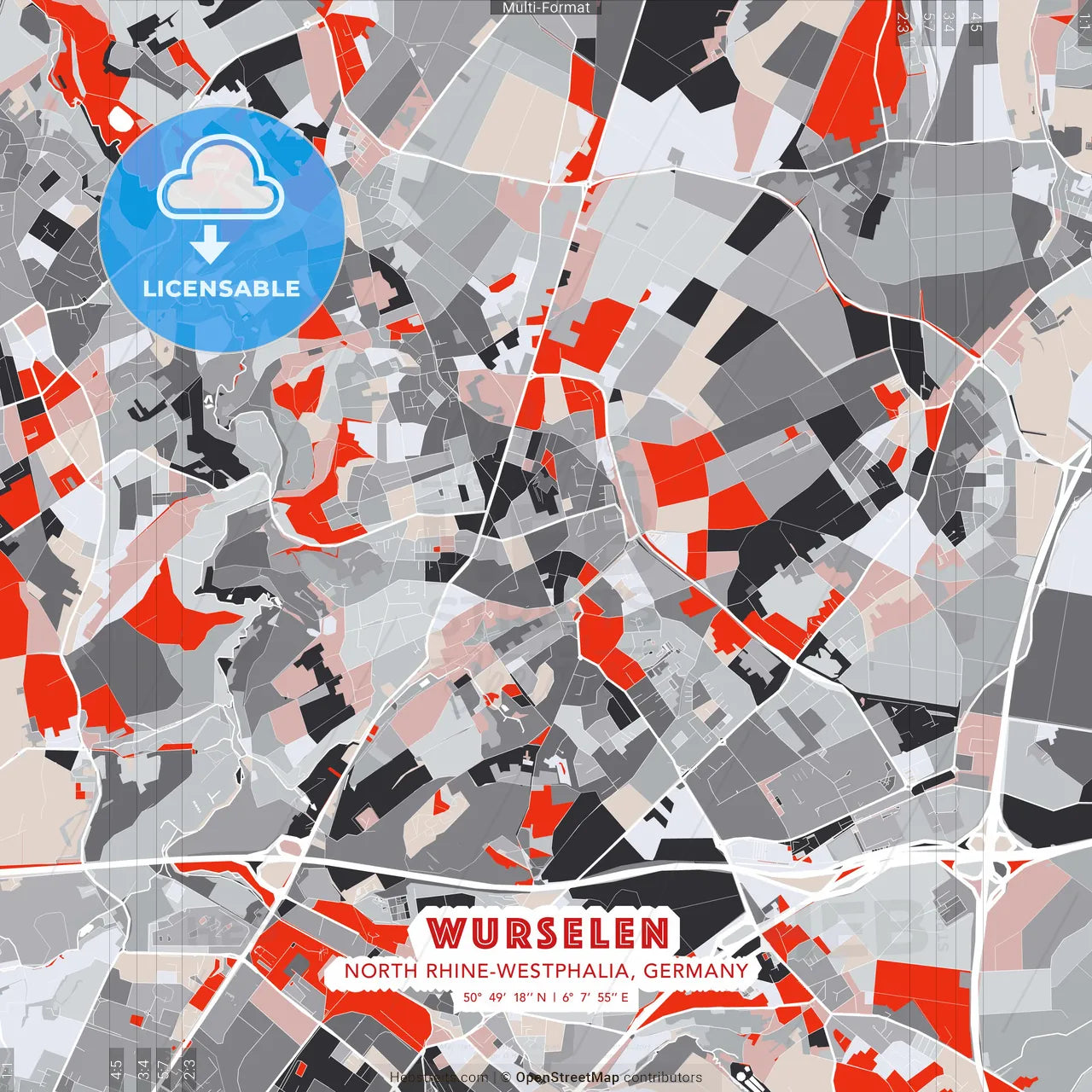 Wurselen, North Rhine-Westphalia, Germany - modern street map poster template with gray and red tones